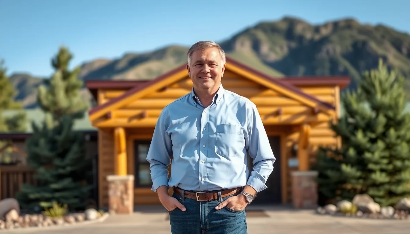 Friendly independent insurance agent in front of a northern Arizona mountain office