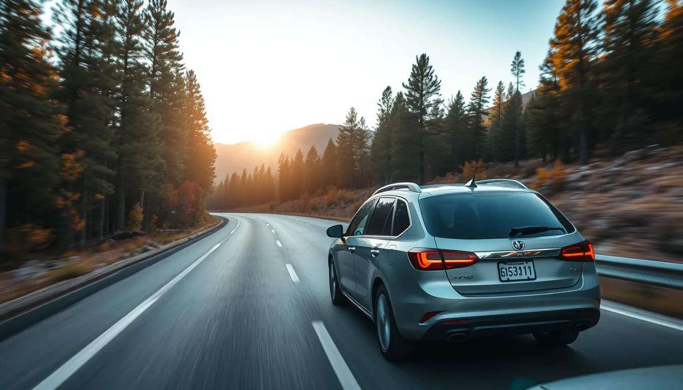 Car driving a winding two-lane mountain highway through ponderosa pine forest in northern Arizona