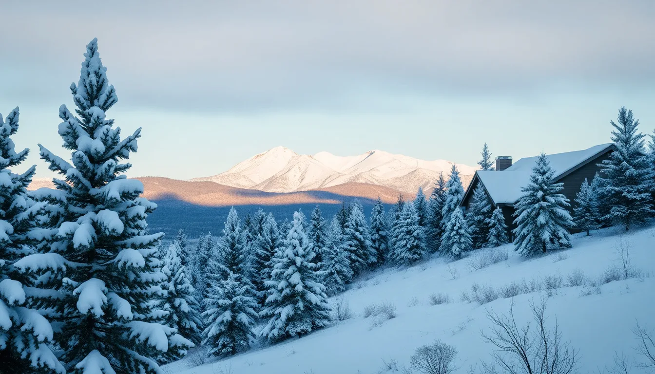 A snow-covered mountain home in Flagstaff, Arizona surrounded by ponderosa pine trees after a winter storm