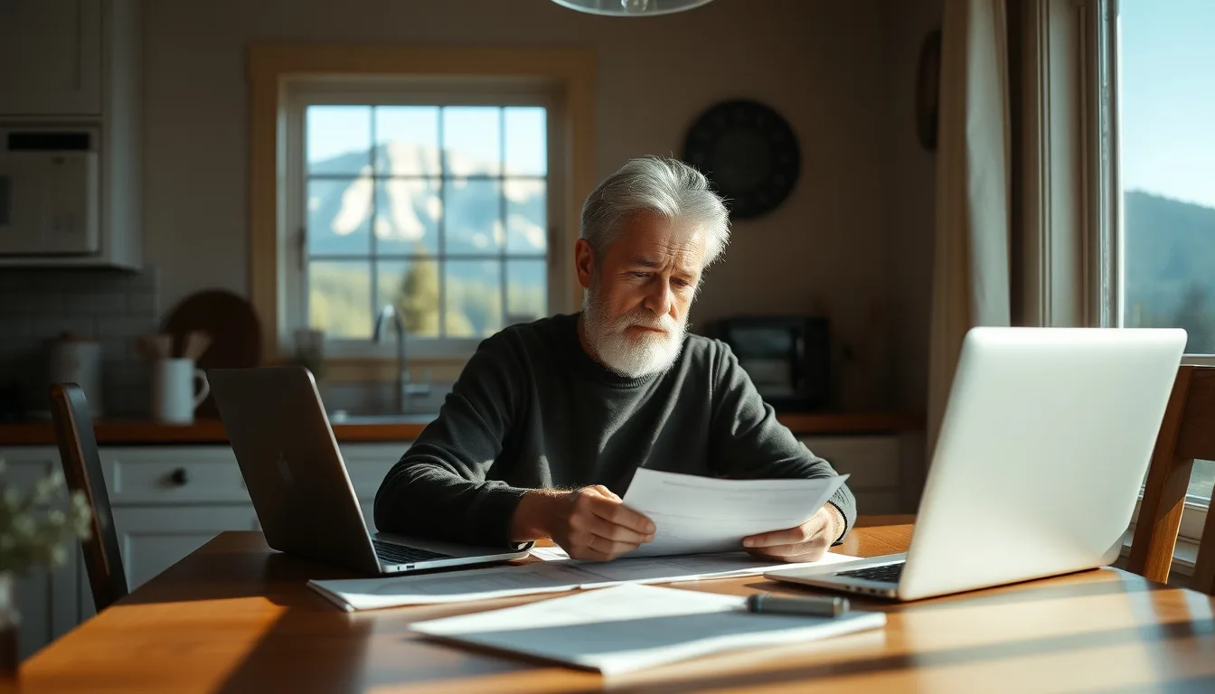 A homeowner reviewing insurance paperwork at a kitchen table with a northern Arizona mountain view through the window