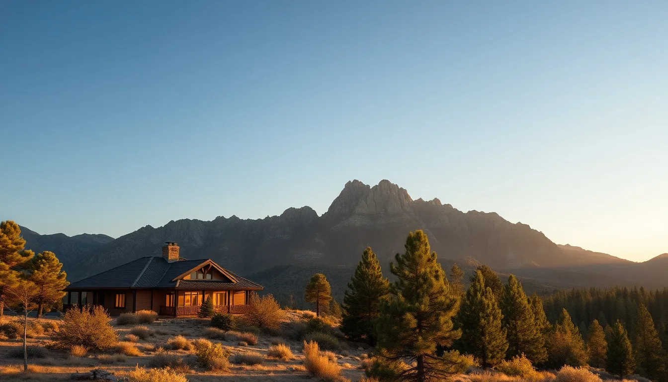 A mountain home near a ponderosa pine forest in northern Arizona with cleared, landscaped defensible space around the structure