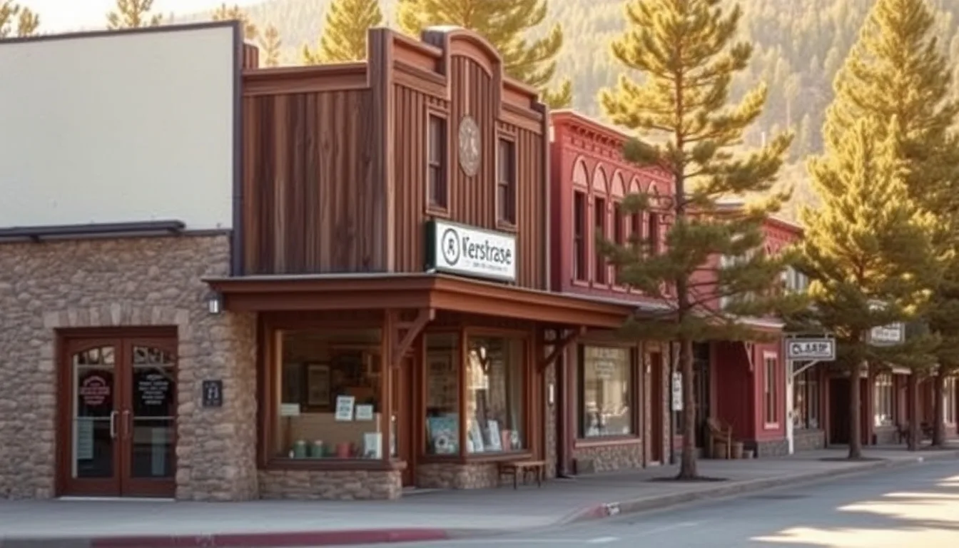 Small business storefront on a main street in a northern Arizona mountain town with pine-covered hills rising behind it