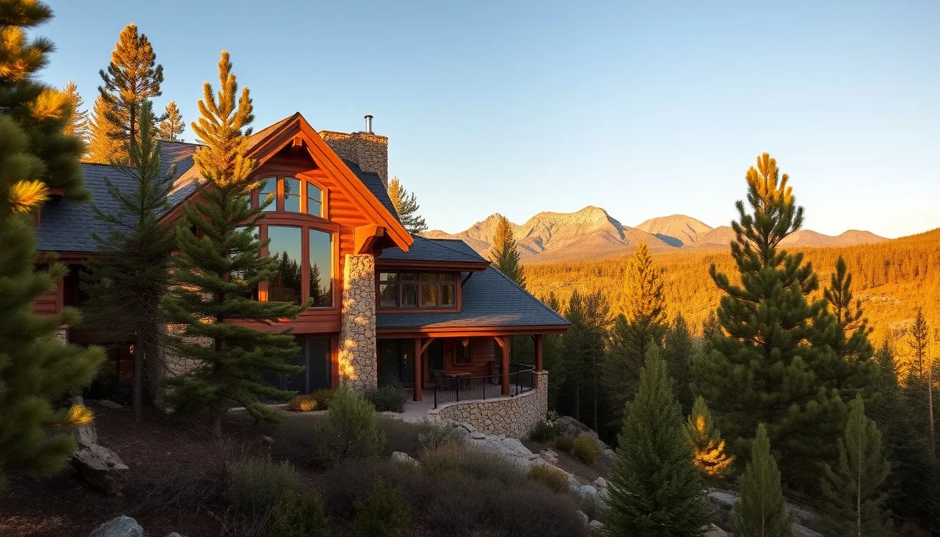 Custom timber-frame mountain home backed by dense ponderosa pine forest at the edge of northern Arizona's wildland-urban interface