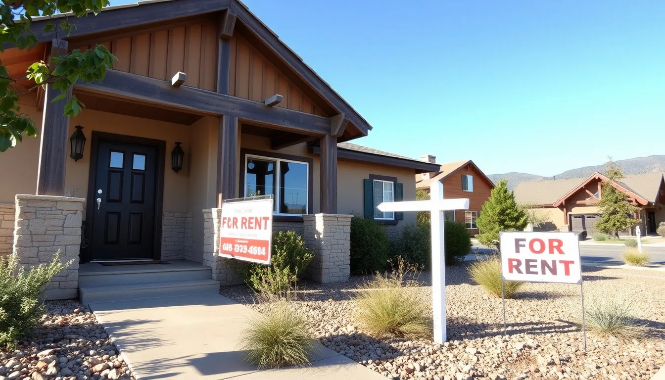 Single-story rental property exterior with a for-rent sign in a northern Arizona neighborhood near pine trees