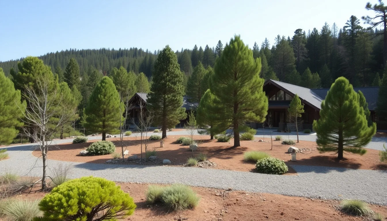 A well-maintained mountain property showing defensible space landscaping